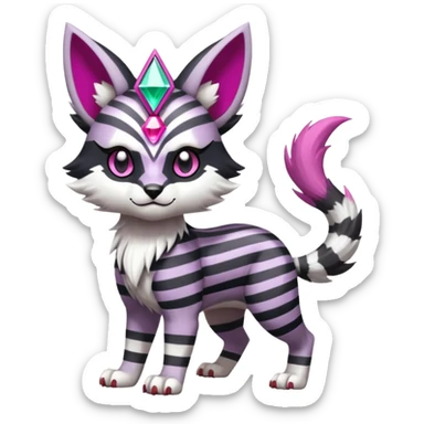 Black and white-striped Colorful Skilled Adept Graceful Asian Painted WereGarurumon-Meloetta-Obstagoon-Furret-fusion-hybrid-creature (full body) with a magenta triangular gem on the forehead, tufted lynx ears sticker