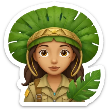 a girl explorer with jungle wearing a large leaf headgear bye  sticker