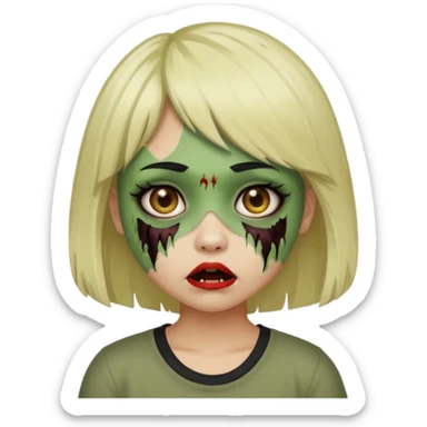 Girl with black hair and raccoon blonde streaks, bangs, light skin, zombie version, pale green skin, emoji style. sticker