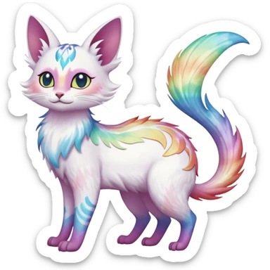 Jumping-Pure-snow-White albino iridescent with pastel rainbow-gradients-color-markings with swirly patterns butterflies  faerie-Noivern-Noibat-Purloin-Torracat-Lykoi-Caracal-cat-Fakemon-fusion-hybrid-creature- sticker