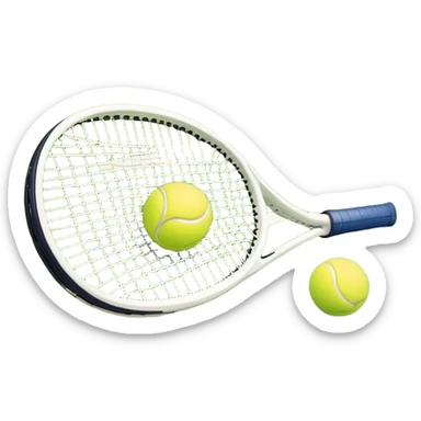 A tennis racket resting on the green grass of a tennis court, with a tennis ball placed nearby and the net stretching across the court. The background captures the fresh, open atmosphere of a traditional grass court, emphasizing the elegance and precision of the sport. sticker