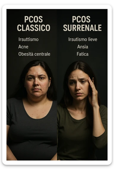 Immagine verticale realistica e cinematografica in italiano: confronto tra donna con PCOS classica e donna con PCOS surrenalica, evidenziando le differenze nei sintomi e nei segni fisici. Luci cliniche drammatiche. Didascalie in italiano. Aspect ratio 2:3. sticker