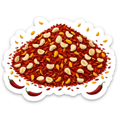 crushed red chili flakes, loose scatter, irregular shapes, crimson to dark orange, some with yellow seeds, dry rough surface, spicy, no bowl or garnish, apple emoji style, soft lighting, transparent background, emoji scale sticker