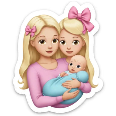 Blonde long hair mom with newborn baby girl bald wearing a hairbow sticker