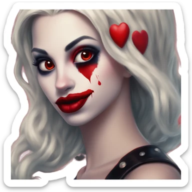 Red lovely heart in Harley Quinn style, oil paint, mysterious eyes, intricate lips, masterpiece portrait, odd perspective, beautiful, desirable, logical sticker