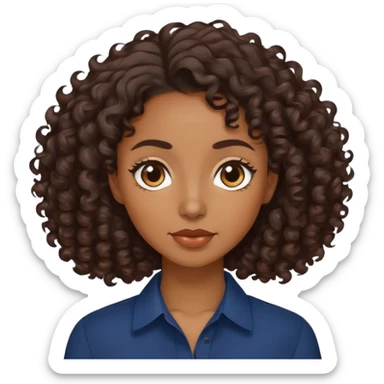 brown skin woman with dark brown curly hair wearing a navy blue shirt sticker