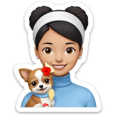 tan skin woman, with short black hair in a slicked back ponytail with forehead showing, with white headband, wearing solid pastel blue turtleneck shirt, smiling carrying dark brown-white furry fuzzy chihuahua papillon pomeranian dog sticker