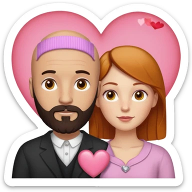 Couple. Bald man with dark brown-black beard. White woman with many small, faded freckles, white skin and she has auburn-yellow-brown-caramel, dark hair. She has light orange-brown eyes. The man have hazel eyes. They are inside one big heart. Retro style. sticker