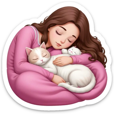 A pretty white girl with very long brown hair and pink clothing sleeping curled up to a white cat  sticker