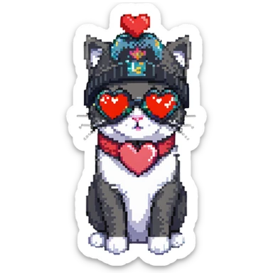 cat wearing a beanie and heart-shaped sunglasses sticker