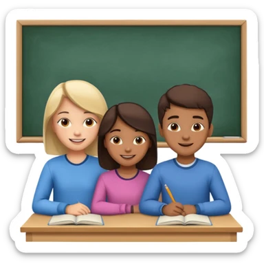 a group of students of both genders (boy and girl) talking to each other quietly in a classroom (let them face each other) sticker