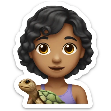 Little girl with wavy medium length black hair and light tan skin holding a tortoise sticker