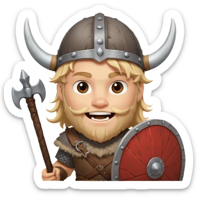 A young Viking warrior with messy hair painted cheeks, wooden shield, and fierce excited grin with horned helmet sticker