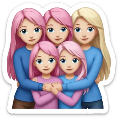 Girlfriend emoji - include 1 white girl with long light pink hair and blue eyes, one white girl with blue eyes and light blonde hair, and 2 white girls with brown eyes and long dark brown hair. They are smiling and hugging sticker