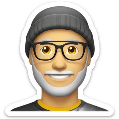 bearded white guy with clear framed glasses wearing yellow beanie black shirt sticker