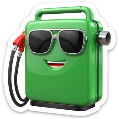 A 3D render of a green rectangular fuel pump as an inanimate object, with black sunglasses placed on its upper front panel. No face, no eyes, no character features, no anthropomorphism. Industrial product style. Clean lighting. Isolated on transparent background. sticker