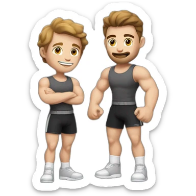 To belt Actively gesturing  with hands Pale skinned Fit Man With the biceps and brown hair in dark gray Sleeveless Mike, black oversize sports shorts, watch and white Sneakers sticker