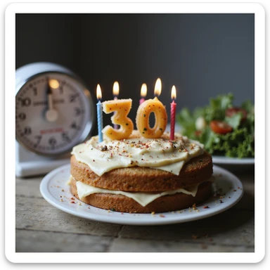 realistic 4K close-up of a cake with 30 candles, next to a scale and a plate of salad, symbolizing changing metabolism sticker