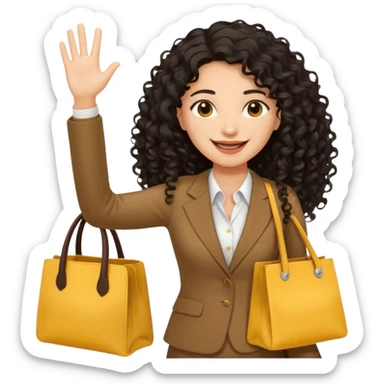 medium deep tan brown business woman with long black curly hair, waving hand with happy face with smile mouth and carrying bag on her shoulder and the other hand holding yellow stanley tumblr sticker