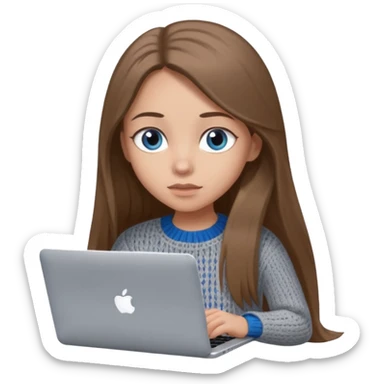 moji of a cute 3D girl with long straight brown hair and big blue eyes, wearing a grey knitted sweater. She is typing on a silver MacBook laptop, white background. sticker