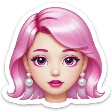 “Emoji girl, glossy pink eyelids, ombré cherry lips, soft contour, subtle glitter under eyes, pearl hair clips, trendy hairstyle, iridescent modern top.” sticker