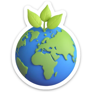 A single green leaf resting gently on top of a vibrant, round Earth globe. The focus is on the leaf and the globe with a simple background and soft natural lighting sticker