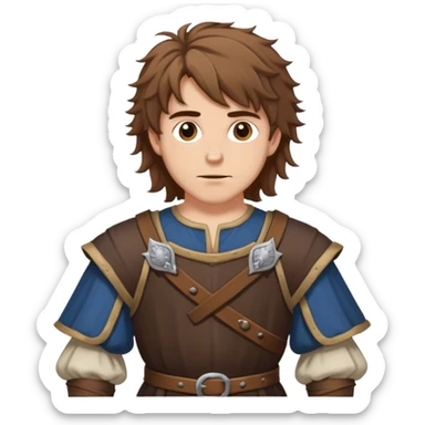 medieval outfit worn by a DnD themed fantasy character. basic low level clothes. clothes only above the waist. The clothes full waist. The character's haven't arms. character is brown hair brown eyes messy hair white man. sticker