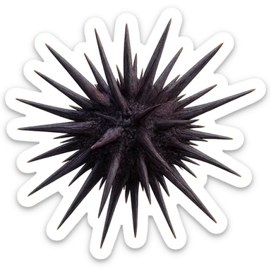 Add realistic purple and dark colors to the sea urchin, keep the dangerous spikes and realistic shape, with a transparent background. Maintain the natural and realistic appearance of the sea urchin's spikes and overall form. sticker