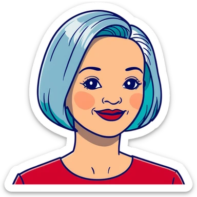 Elegant older woman with silver-gray bob haircut, light skin, almond eyes, red lipstick, red blouse, sophisticated warm smile sticker