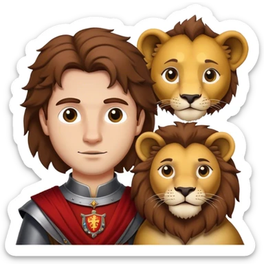 Little medieval italian duke with brown hair and lion sticker