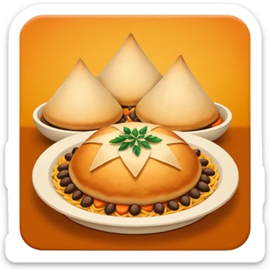 Uzbek cuisine humanless avatar in bright illustration. Classic dishes like plov and samsa, warm golden and earthy tones, simple shapes, flat design, high contrast, friendly and appetizing. sticker