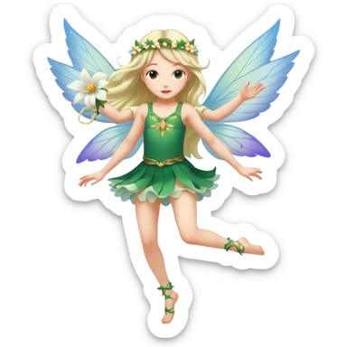 A winged flower fairy white skin girl, wearing a short skirt, one leg straight and the other bent, her body tilted, in a flying pose. sticker