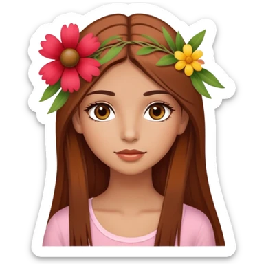 pretty girl with olive skin, hazel eyes and long lashes, has brown hair with a bit red undertone, hair is long and straight, and she’s in summer style, with flower on her head sticker