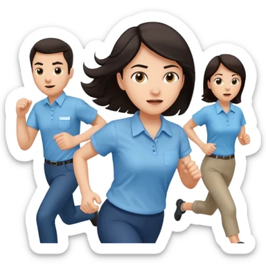 a female co-worker running and other co-workers chasing her  - female co worker with dark hair way in front... others far behind -- male and female co workers chasing female co worker sticker