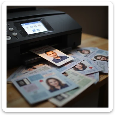 realistic thumbnail for a passport photo printing service, featuring a printer and a spread of passport photos, with one photo prominently highlighted and well-lit in the center sticker