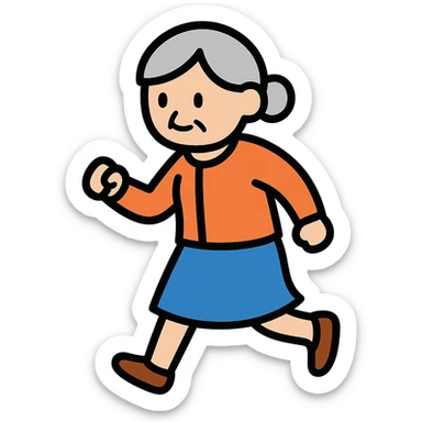 Change the walking pose of the elderly woman with short hair to a brisk walk. sticker