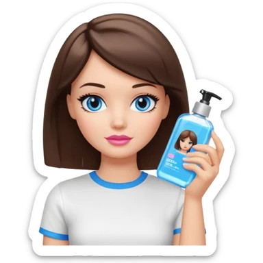 Barbie girl with makeup, blue eyes , and bob long haircut, short brown hair in white T-shirt, face gel in hand sticker