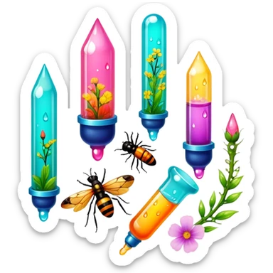 Create an icon that represents decorative arts using epoxy resin. The design should feature colorful tubes of resin, including fluorescent resin tubes, with visible drops or strokes of resin being applied to create intricate designs. Include finished resin jewelry pieces, such as pendants or rings, containing preserved flowers and insects encased in clear resin. The composition should feel vibrant, artistic, and delicate, showcasing the unique beauty of resin art with natural elements. The background should be transparent sticker