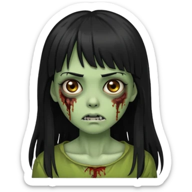 Zombie emoji girl, skin green, black long hair with bangs black, brown eyes  sticker