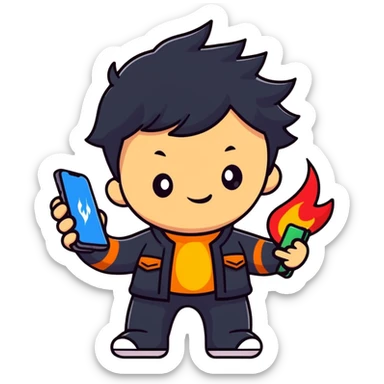 Adorable battle royale character celebrating a victory, with a smartphone showing Free Fire game, surrounded by small stars and flames sticker