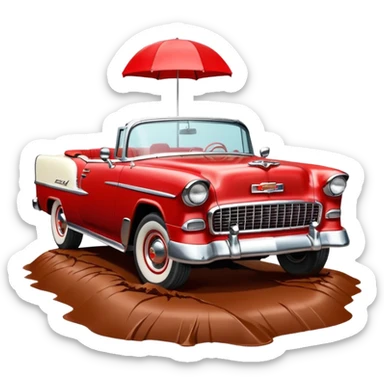 1955 Chevrolet Bel Air Convertible, Red-White color, with a bucket of brown mud pouring down on it, and the car itself is all dirty. 32x32 pixels, aspect ratio: 1:1 sticker