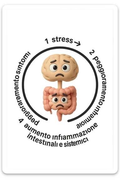 EMOJI STILE IPHONE 3D DI un cerchio con queste scritte che girano intorno in ordine per come li ho scritti "1. stress → 2. peggioramento intestinale → 3. aumento infiammazione → 4. peggioramento sintomi intestinali e sistemici." al centro del cerchio metti un cervello e intestino umani collegati verticalmente con espressione dubbiosa in volto, FALLO MOLTO REALISTICO IN 3D sticker