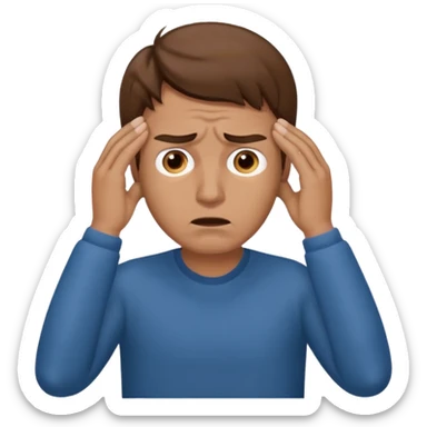  iOS emoji style - A stressed man stands and messages his temples. He has brown hair. Stress sticker