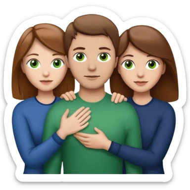 3 people. Throuple. Blank woman with light brown hair and green eye color on left. And also a blank man with brown hair and grey eye color in the middle. And a blank woman with brown hair and grey eye color on the right. Holding each other sticker