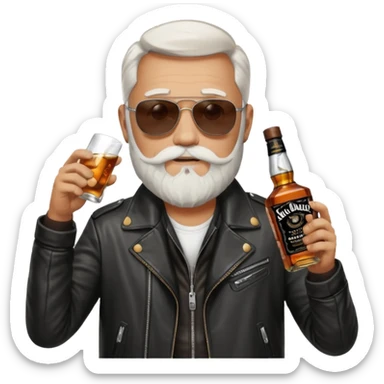 Un motero de perilla blanca, gafas oscuras chupa de cuero y bebiendo de una botella de Jack Daniel's. sticker