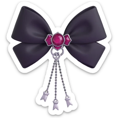 3D emoji gothic bow, black velvet, silver chain fringe, dark ruby center, ornate and dramatic sticker