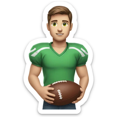 boy with brown hair and light blue eyes. wearing a green shirt. holding an american football  sticker