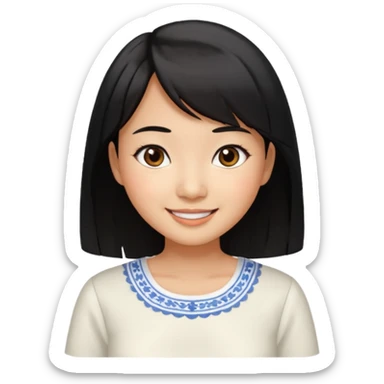 30 yr old asian woman center parted hair big eyes big smile tanned skin straight black hair hippie part hair white blouse shoulder length hair middle parted hair few short bangs at front sticker