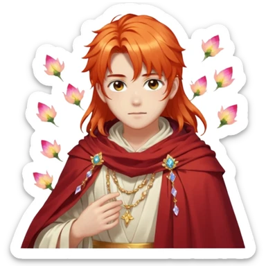 Beautiful gorgeous anime boy with beautiful fiery-special-medium-long-hair, fashion aesthetic, ethereal, fairycore, pastelcore, flower petals, crystals, layered robes, toga, cloak scarf, accessories, jewelries, gold, colorful, shiny, trending style, outside sticker