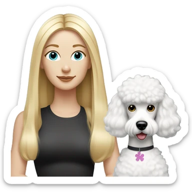 white woman with long blonde hair and cat shaped eyes wearing a yoga outfit standing alongside a black/white poodle sticker
